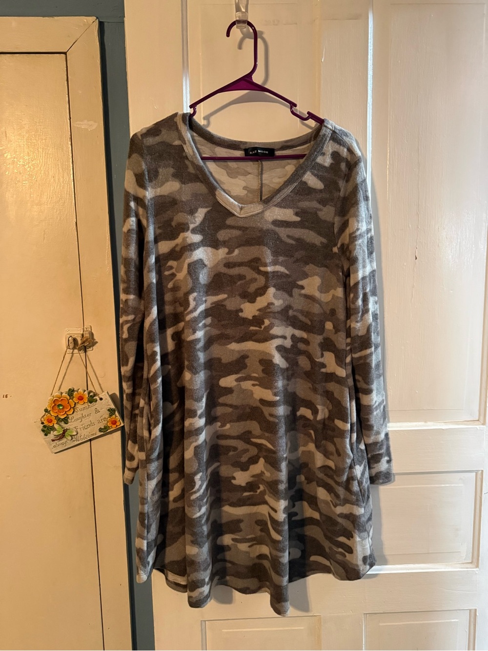 Cozy Camo V-Neck Midi Dress - Grey/Cream